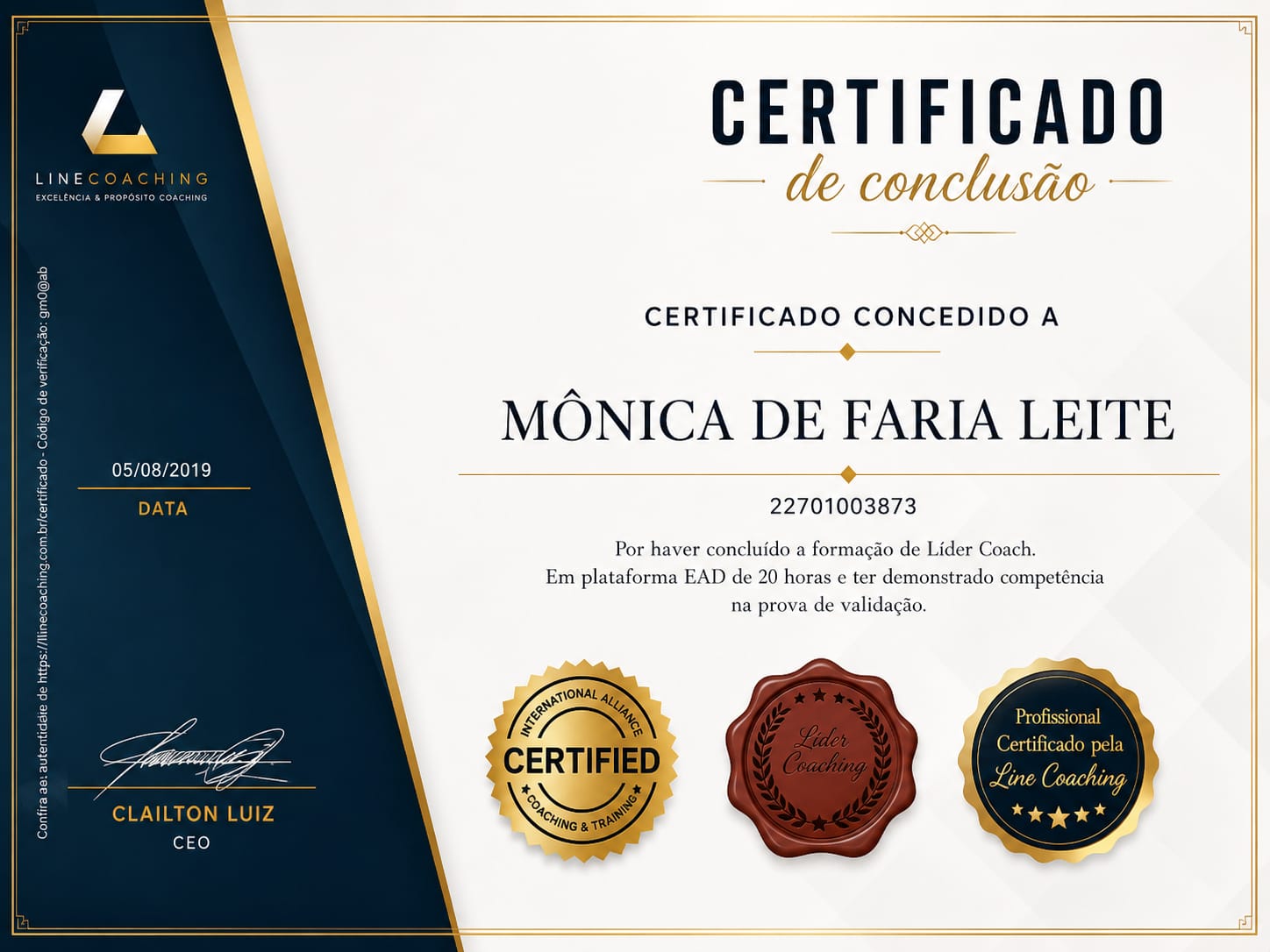 Certificado de Líder Coach de Mônica Leite