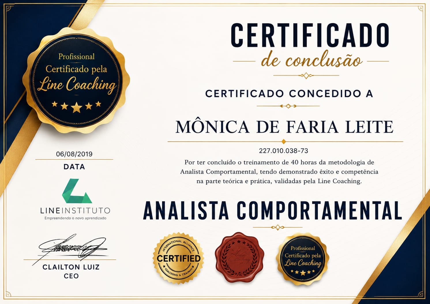 Certificado de Analista Comportamental de Mônica Leite