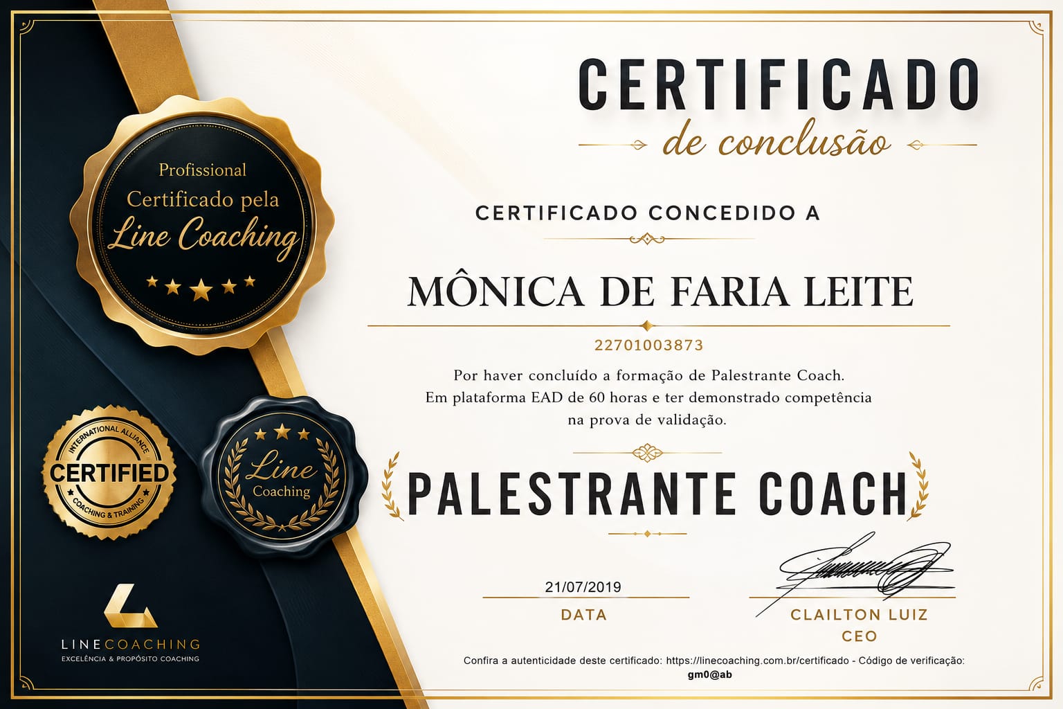 Certificado de Palestrante Coach de Mônica Leite