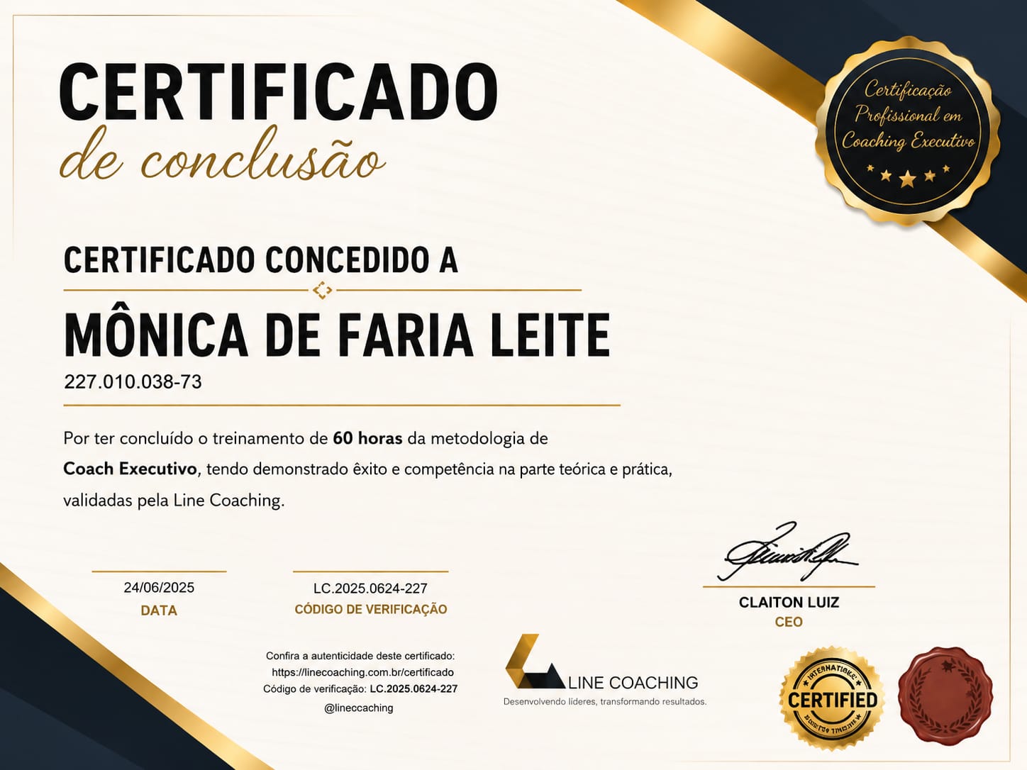 Certificado de Coach Executivo de Mônica Leite