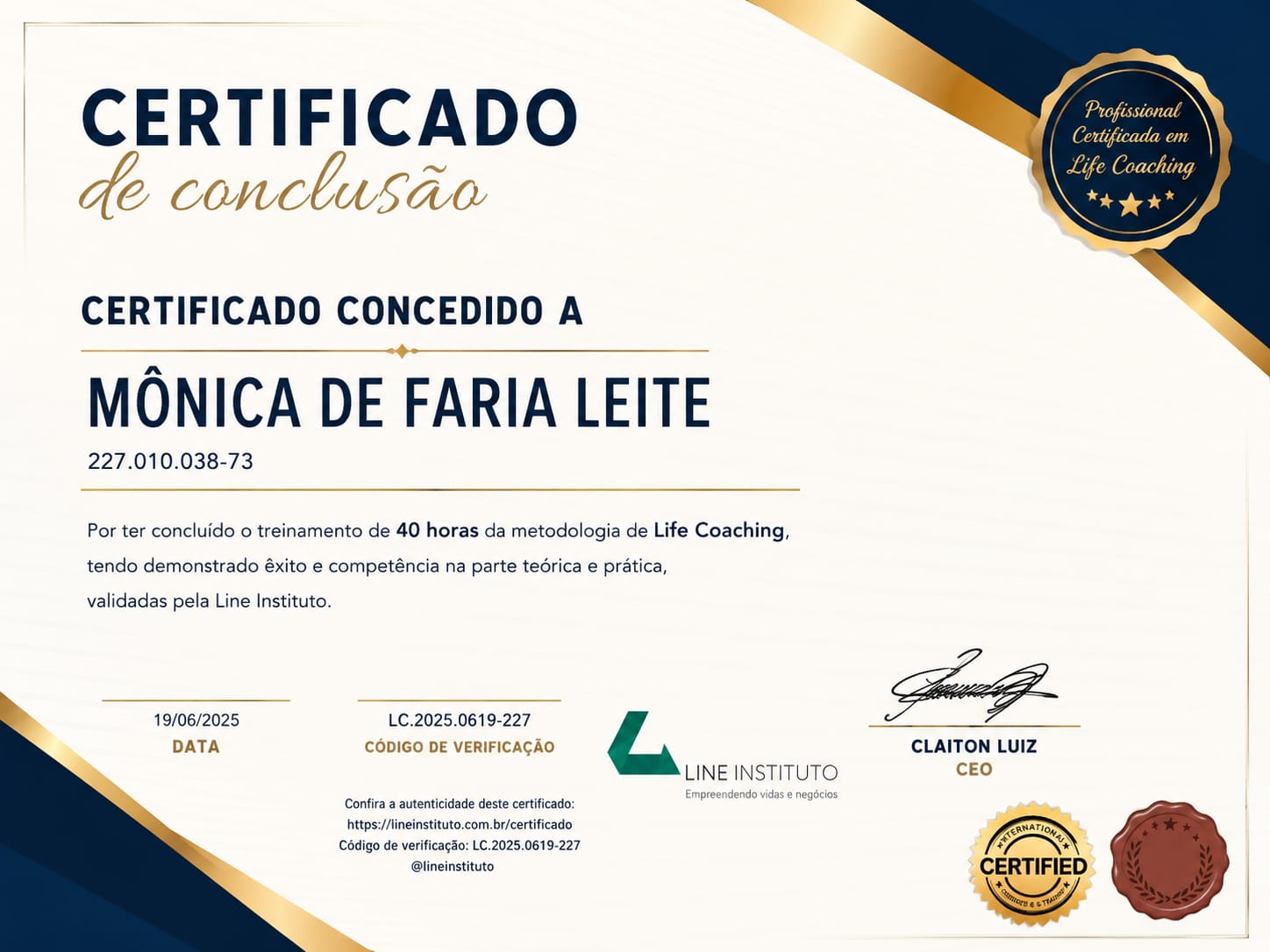 Certificado de Life Coaching de Mônica Leite