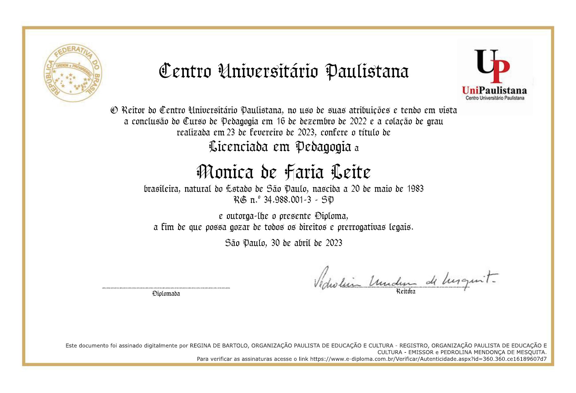 Certificado de Licenciatura em Pedagogia de Mônica Leite